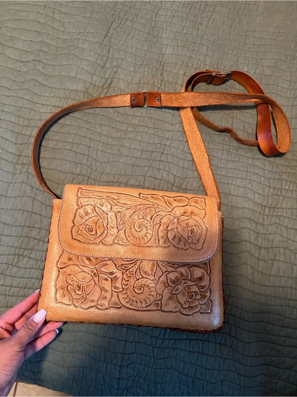 Hand-Tooled Floral Leather Crossbody Bag in Tan